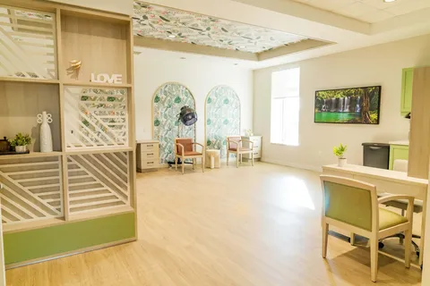 Salon with styling chairs, hooded dryers and a television showing a landscape