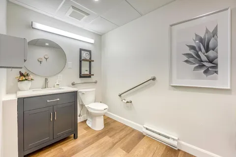 Bathroom with a sink, toilet and framed plant picture