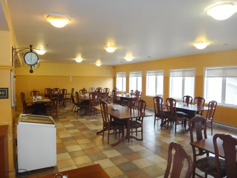 Wooden dining tables and chairs beside windows in a yellow room