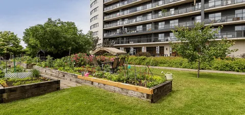 Raised garden beds, lawns and trees beside the residence balconies