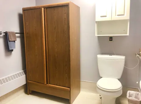 Bathroom with a toilet, wooden storage cabinet and wall shelving