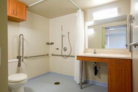 Accessible bathroom with a sink, roll-in shower, toilet and grab bars.