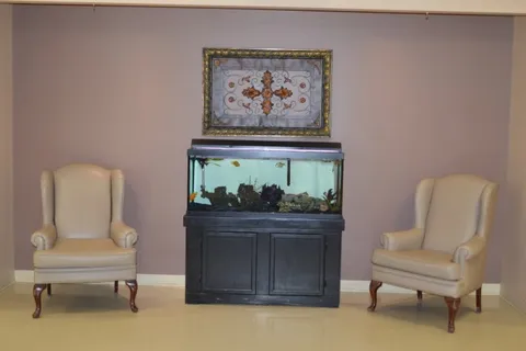 Two armchairs beside an aquarium and decorative wall art