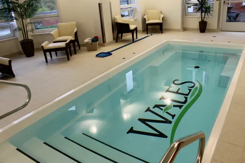 Indoor therapy pool with seating, plants and windows.