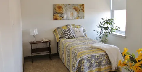 Bedroom with a single bed, bedside table, lamp and window.