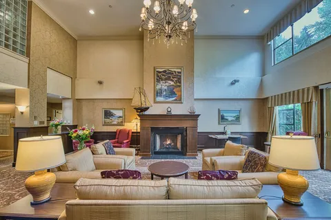 Lounge with sofas, a chandelier and a fireplace