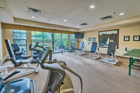 Fitness room with exercise machines beside large windows
