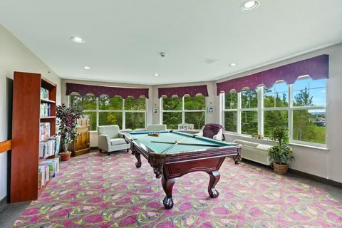 Room with a pool table, bookshelves and windows