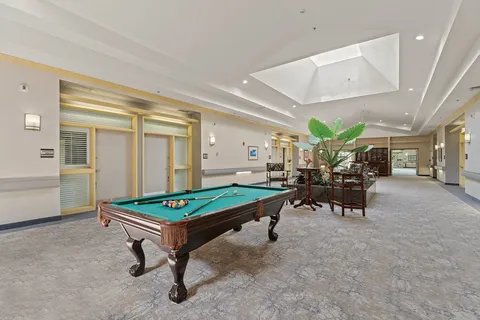 Games room with a billiards table and seating.