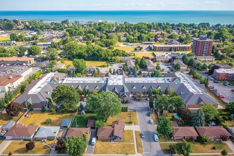Aerial view of the residence buildings and surrounding neighbourhood.