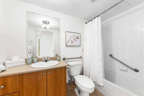 Bathroom with a wooden vanity, mirror, bathtub, shower curtain and toilet