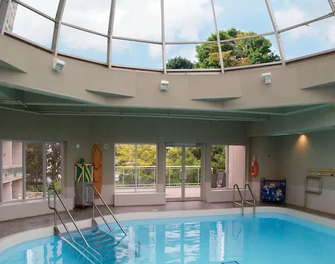 Indoor pool beneath a curved glazed roof with steps and handrails