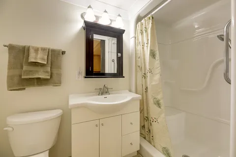 Bathroom with a sink, toilet and shower beside a dark-framed mirror