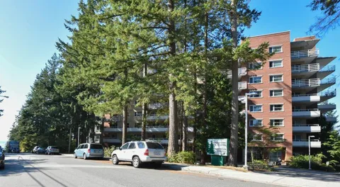 Brick residence behind trees with parked cars along the road