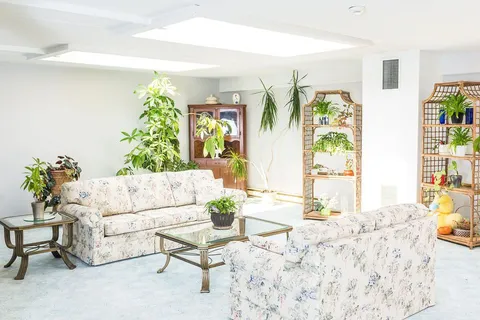 Lounge with floral sofas, plants and a glass coffee table.