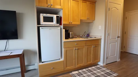Kitchenette with wood cabinets, refrigerator and microwave.