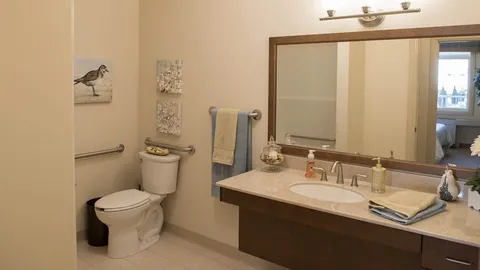 Bathroom with a sink, wide mirror, toilet and grab rails
