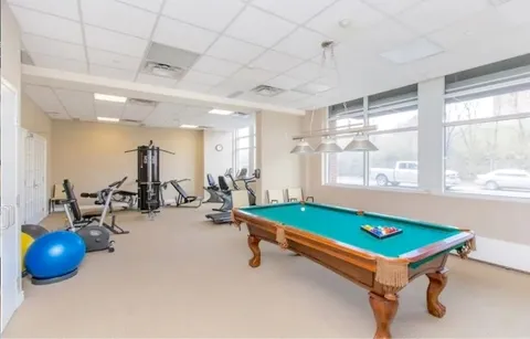 Room with a green billiards table, exercise machines, a blue exercise ball and large windows
