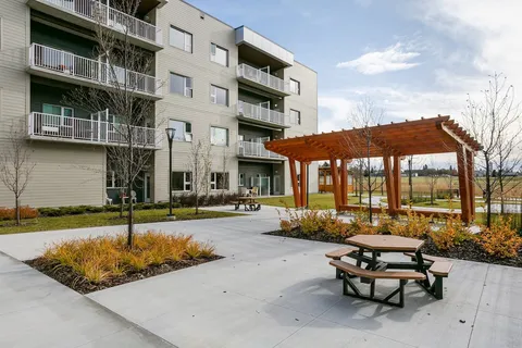 Courtyard with a wooden pergola, picnic table and planted beds