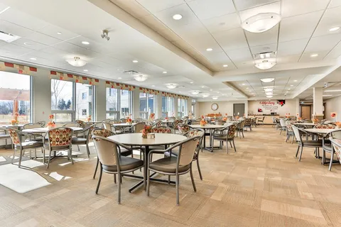 Dining tables and patterned chairs beside a long row of windows