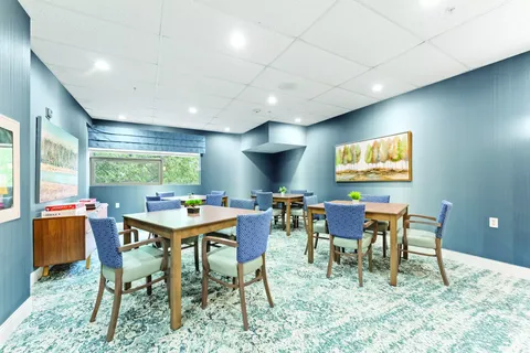 Room with square wooden tables, blue chairs and landscape artwork