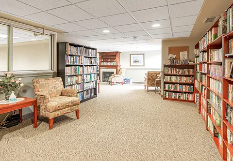 Library with bookcases, upholstered chairs and a large wall mirror