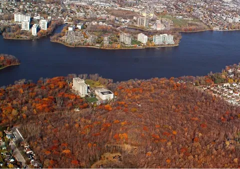 Aerial view of buildings beside a river, surrounded by autumn trees