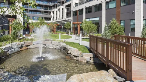 Garden courtyard with stone edging, a fountain and a wooden bridge.