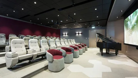 Theatre with tiered chairs, a projection screen and a grand piano.