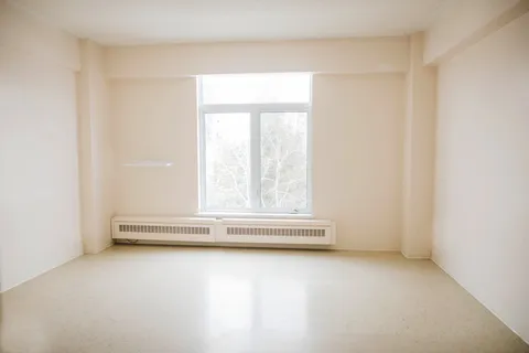 Unfurnished room with a large window and pale carpet