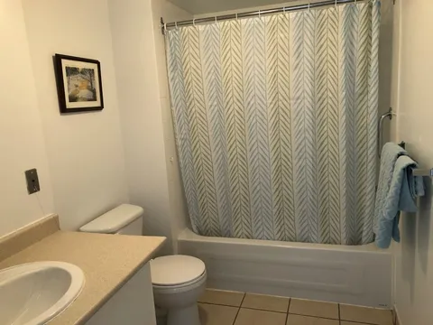 Bathroom with a sink, toilet and bathtub behind a patterned shower curtain