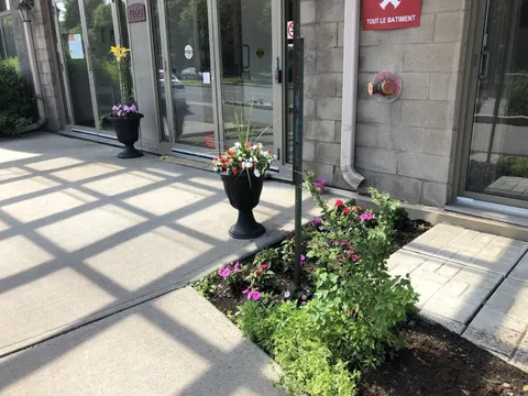 Glass entrance doors beside flower beds and planted urns