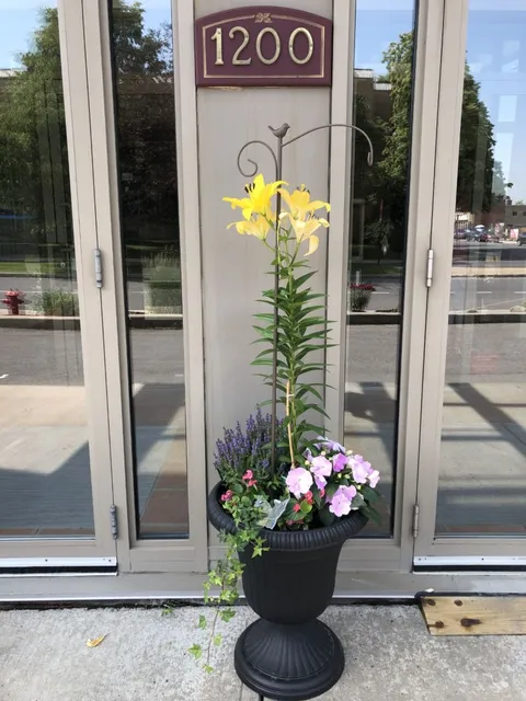 Planted urn with yellow lilies and purple flowers beside glass doors