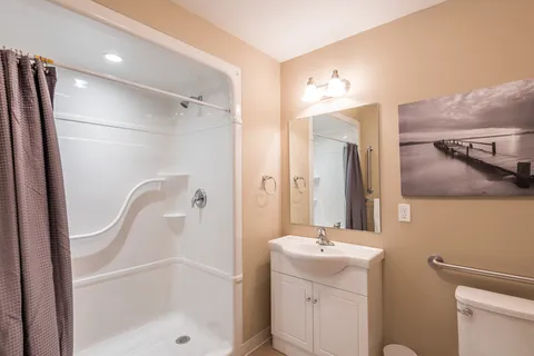 Bathroom with a shower, grab rails, a vanity, a mirror and a toilet