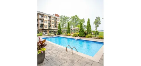 Outdoor pool with a paved deck, trees and the residence behind it.