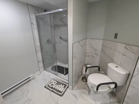 Accessible bathroom with a shower, toilet and grab rails.