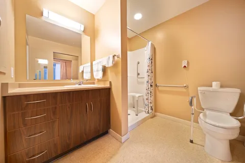 Suite bathroom with wooden cabinets, sink, toilet and walk-in shower.