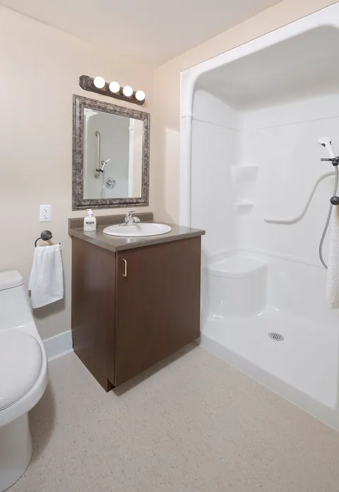 Bathroom with a sink, toilet and shower with a built-in seat