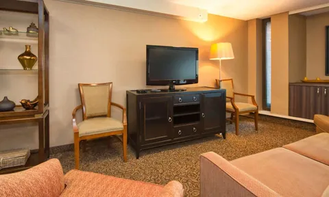 Sitting room with sofas, chairs and a television.