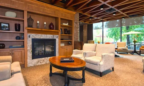 Lounge with armchairs, fireplace, bookshelves and large windows.