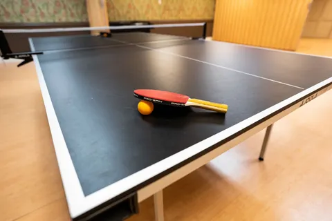 Table tennis table with paddles and a ball