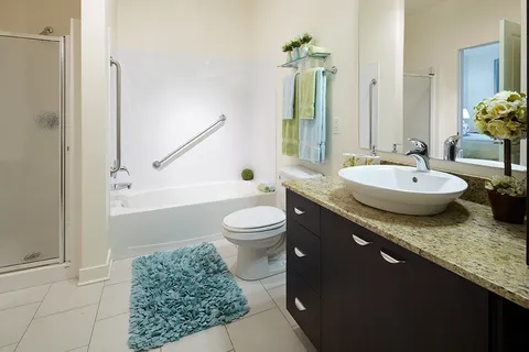Bathroom with a bathtub, shower, toilet and basin