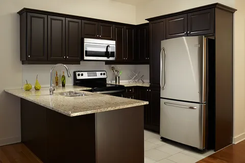 Kitchen with dark cabinets, a peninsula and stainless steel appliances