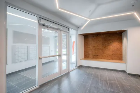 Entrance lobby with glass doors and a wood accent wall.