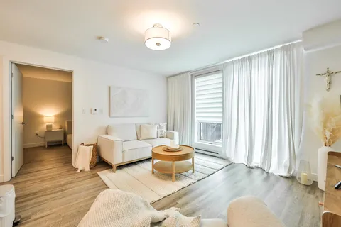 Apartment living area with a sofa and large windows.