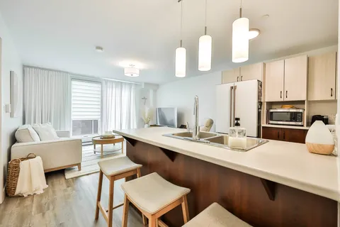 Apartment kitchen and sitting area with a breakfast counter.