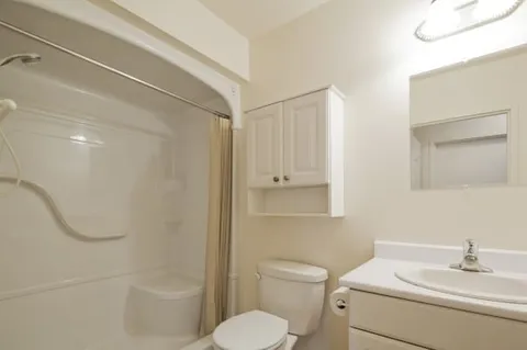 Bathroom with a shower, toilet, sink and white cabinets