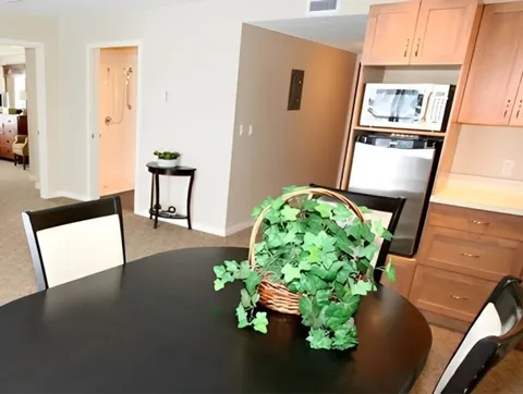 Dining table with a potted plant beside a wooden kitchenette