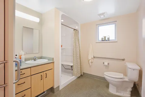 Suite bathroom with a shower, vanity and grab bars.