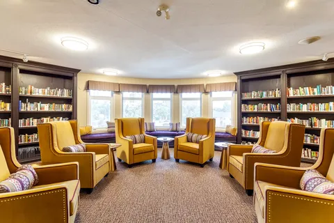 Library with yellow armchairs and wall-length bookshelves